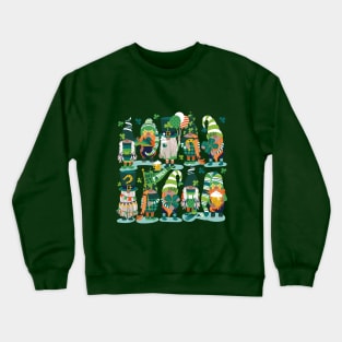 Saint Patricks gnomes // spot illo // aqua background parade with green and orange gnomes Leprechaun shamrock four leaf clovers Irish Ireland folklore Crewneck Sweatshirt